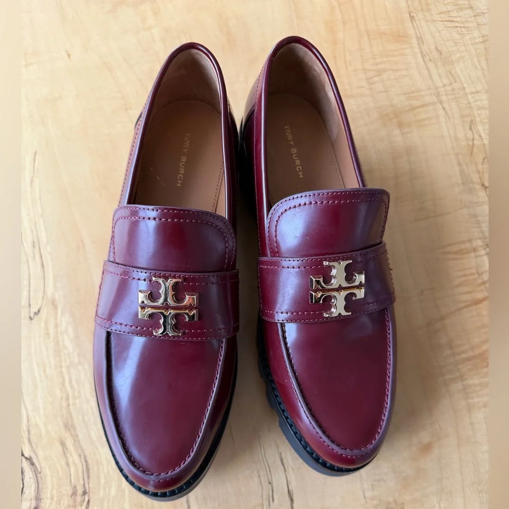 NWT Tory Burch Mini Everly Chunky Loafers Logo Burgundy, 9